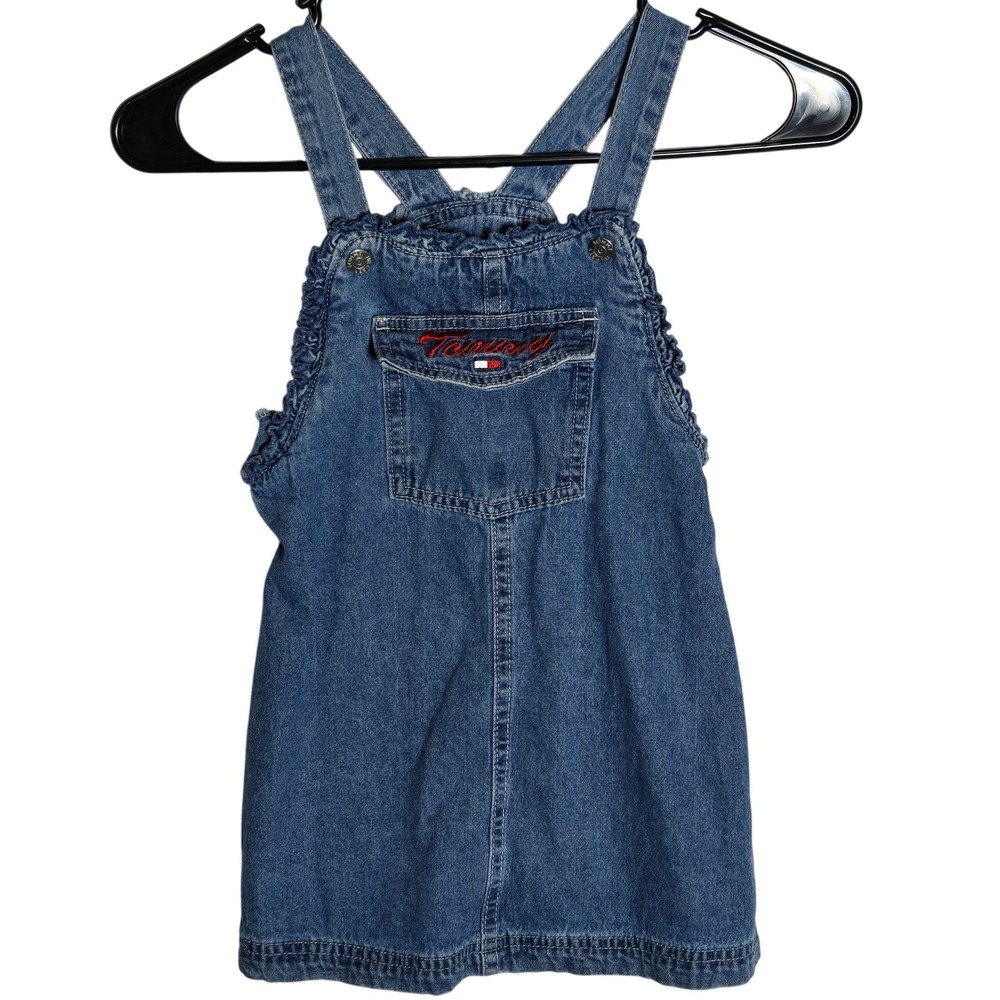 Tommy Hilfiger Girls Blue Denim Ruffle Overall Dress 5 Y2K Vintage Preppy Summer